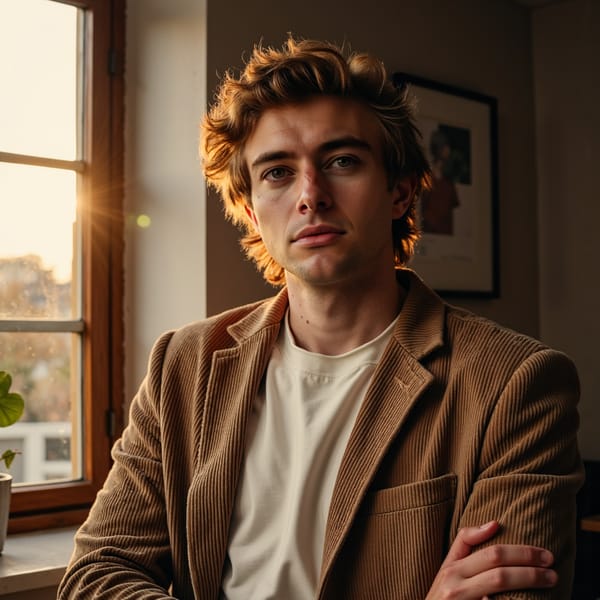 A cinematic warm interior portrait of a man (mid 20s) sitting near a large window at golden hour, waist-up framing, camera slightly off-axis to the right. Hair: soft wavy hair, medium length, naturally parted. Face: realistic skin texture with gentle glow, faint freckles, relaxed thoughtful expression, eyes looking toward window light. Wardrobe: light brown corduroy jacket with visible ribbed texture, off-white cotton shirt underneath. Lighting: golden-hour sunlight streaming through window as key, soft shadow falloff, minimal fill for depth. Background: blurred interior wall and window frame, warm color tones, no visible decor. Camera: 50mm lens, f/2, cinematic warmth and clarity. Highly detailed, highly realistic, HDR quality, cinematic natural light, minimal background clutter.