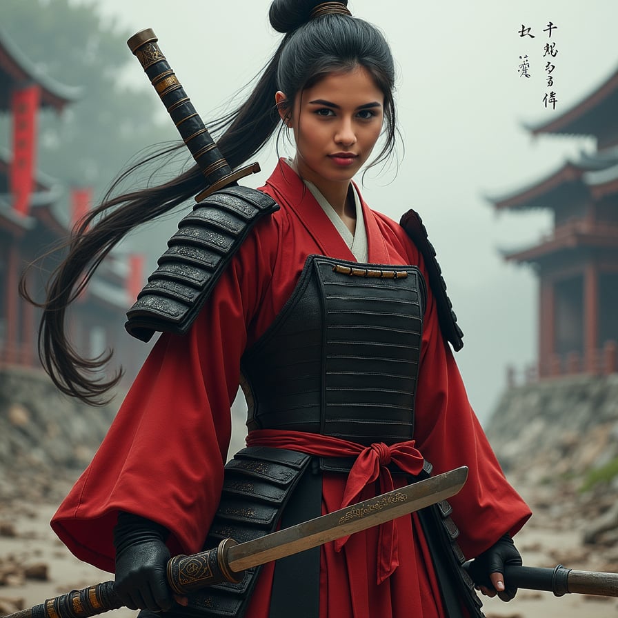 woman in traditional samurai attire, consisting of a hakama and kimono, with a bold, determined expression, sans helmet, posed in a powerful stance, surrounded by a misty, atmospheric background with subtle hints of Japanese architecture.