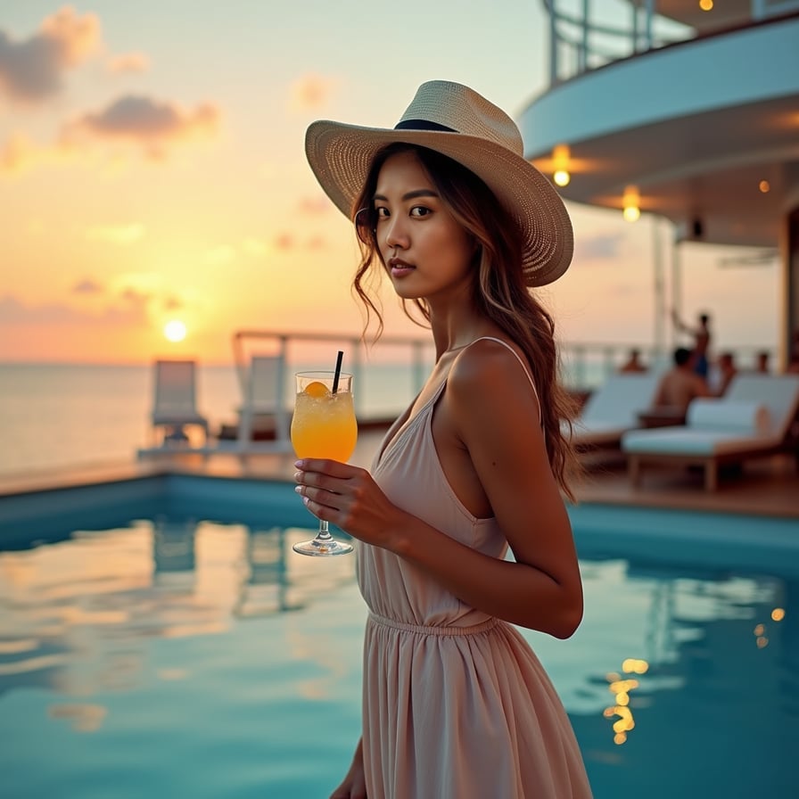 Poolside Chic: In a stylish pool area, the model stands by the edge of the pool in a trendy swimsuit or cover-up. She’s wearing sunglasses and a wide-brimmed hat, her pose capturing a sense of leisure and high-end vacation style.
