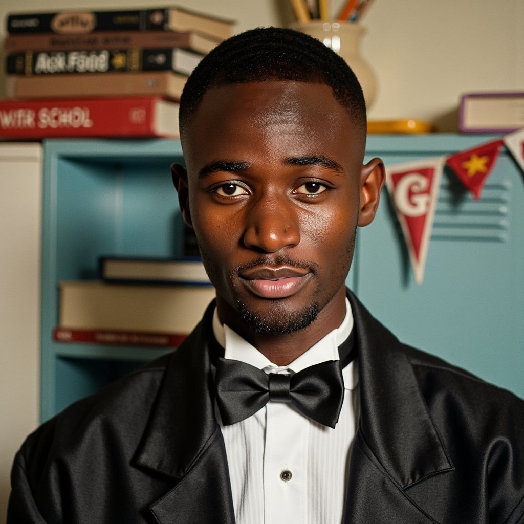 Extremely realistic 1960s male yearbook portrait in studio, shot at medium-close range (shoulders and face) with a shallow depth of field. Subject wears a classic black tuxedo with satin peak lapels and a hand-tied bow tie, crisp white dress shirt with a subtle vertical stripe pattern visible in high resolution. The tuxedo fabric reveals a matte wool finish with faint microfibers visible around the collar. His short, side-parted hair is combed back with a modest pomade shine, individual hair strands distinct near the forehead. Skin shows light peach fuzz and natural skin texture with visible pores on the nose and a slight crease beside the smile lines. Expression is soft, lips gently closed, gaze slightly off-camera with a calm intensity. Lighting is studio-based 3-point, with a key light casting smooth gradient shadows beneath the jawline and collar, and a rim light separating him from the muted blue muslin backdrop. Background is softly mottled and fades gently toward the edges for a vintage effect.