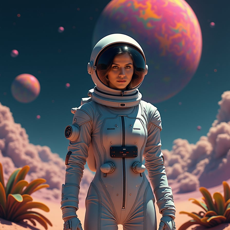 A woman stands in an alien landscape, facing the camera with a serene yet determined expression. She wears a sleek, advanced space suit, and behind her, exotic alien plants and glowing rocks dot the ground. The sky above is filled with planets, colorful nebulae, and distant stars, adding a mystical touch