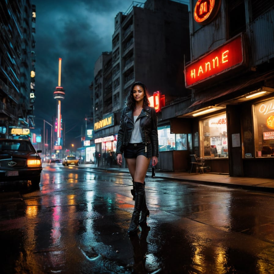 Cyber-enhanced woman, cyberpunk cityscape, neon lights, intense, cinematic.