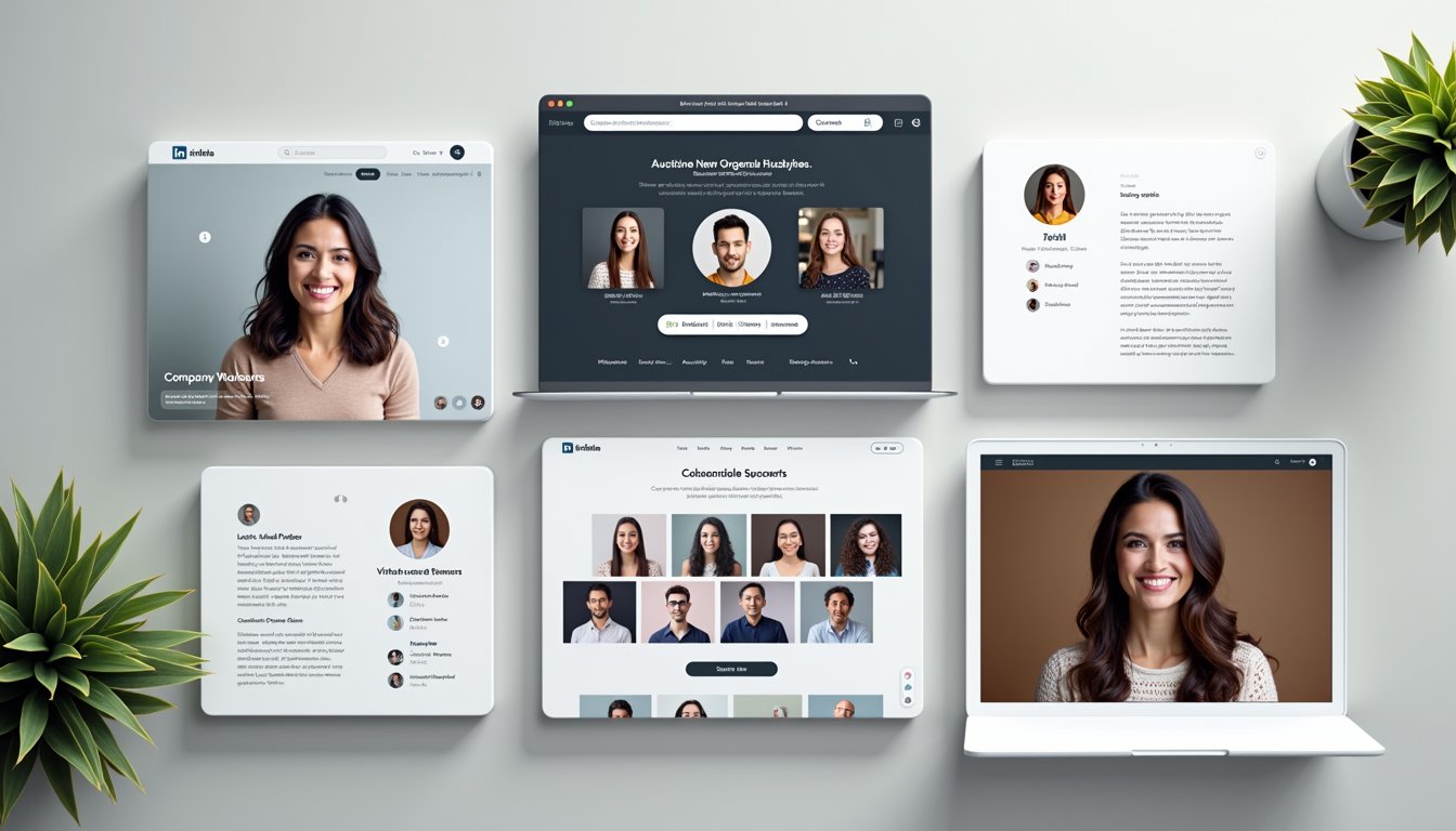 A flat lay collage showcases digital mockups of various professional profiles, each featuring a distinct headshot. The layout includes a LinkedIn profile with a polished headshot, a company website team page displaying a more formal team photo, a virtual conference speaker profile with a dynamic, engaging speaker image, and a personal portfolio website highlighting a creative, artistic headshot. The UI is stylized with a clean design, ample whitespace, and text blurred out, allowing the diverse headshots to take center stage. The mockups are arranged on a sleek, light-colored surface, possibly with subtle shadows or depth effects to enhance the layered appearance, emphasizing the versatility and importance of professional headshots across different digital platforms. Every text written anywhere in the image is completely blurred out or entirely smudged.