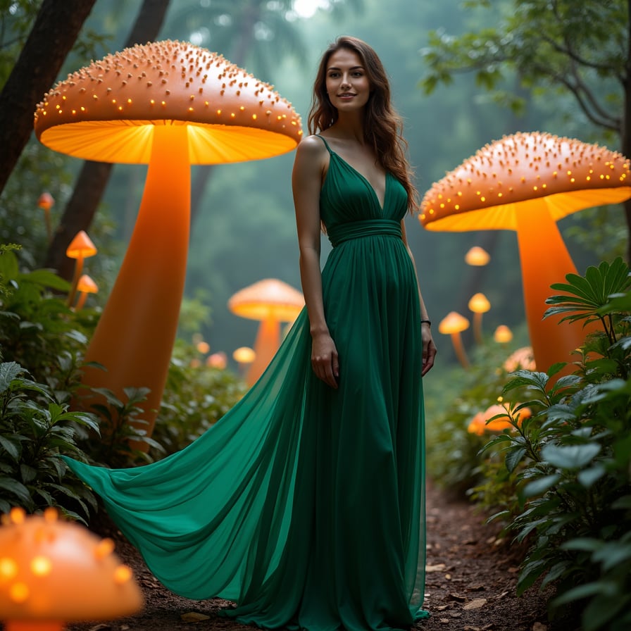 A woman in a flowing emerald dress, standing among giant, luminous mushrooms and mystical plants. Soft lights glow around her, blending with the deep greens of an enchanted forest.