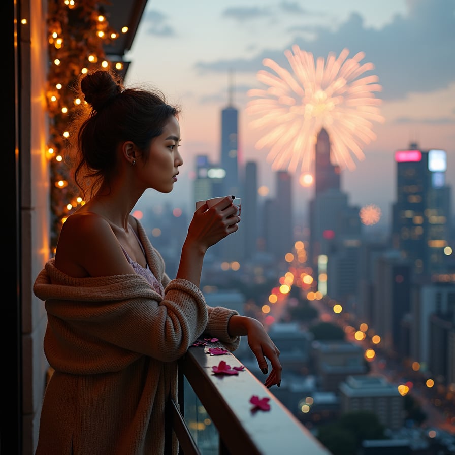 On a quiet balcony, a woman leans on the railing, sipping tea as she gazes at the city below. She’s dressed casually in a cozy cardigan over her festive outfit, her hair slightly tousled from the night before. The sunrise paints the sky in soft pastel hues, symbolizing a fresh start