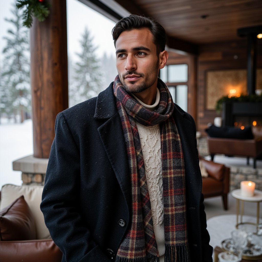 Man standing on a snow-dusted stone terrace overlooking pine forest; body slightly turned, eyes into distance. Hairstyle: swept-back hair, trimmed beard with snow specks. Attire: dark wool overcoat layered over a cream cable-knit sweater, plaid scarf loosely wrapped. Fabric details: visible wool fibers, scarf weave, frost crystals. Camera: medium telephoto, 70mm, f/2.8. Lighting: soft overcast daylight, gentle edge light from snow reflection. Background: blurred snow-covered pines and lodge windows glowing faintly; minimal foreground clutter. Pose: hands in coat pockets, posture upright. Render: highly detailed, highly realistic, HDR; visible breath mist, true skin tone under cool light.