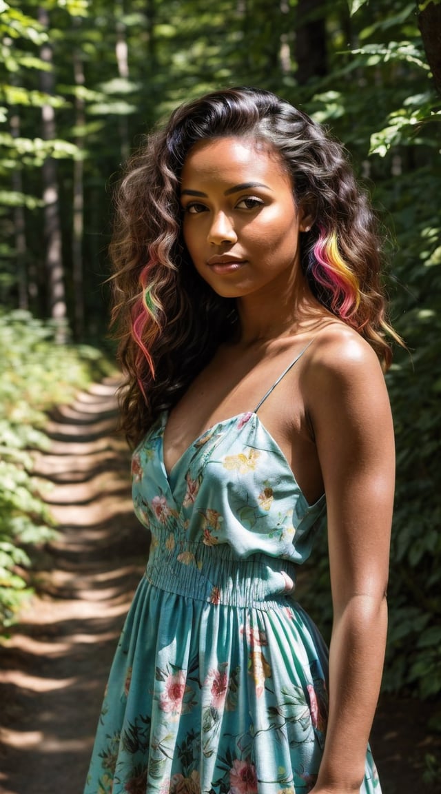 Energetic tropical adventurer, rainforest backdrop, lush greenery, and waterfalls.