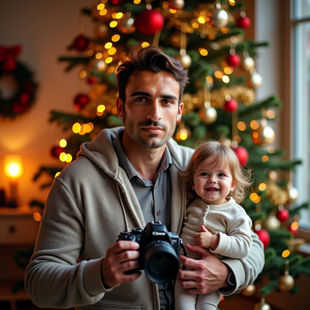 man in casual, comfortable attire, holding a camera, surrounded by loving family members, with a warm, sunny outdoor background, capturing the joyful and candid moments of togetherness, laughter, and memories.