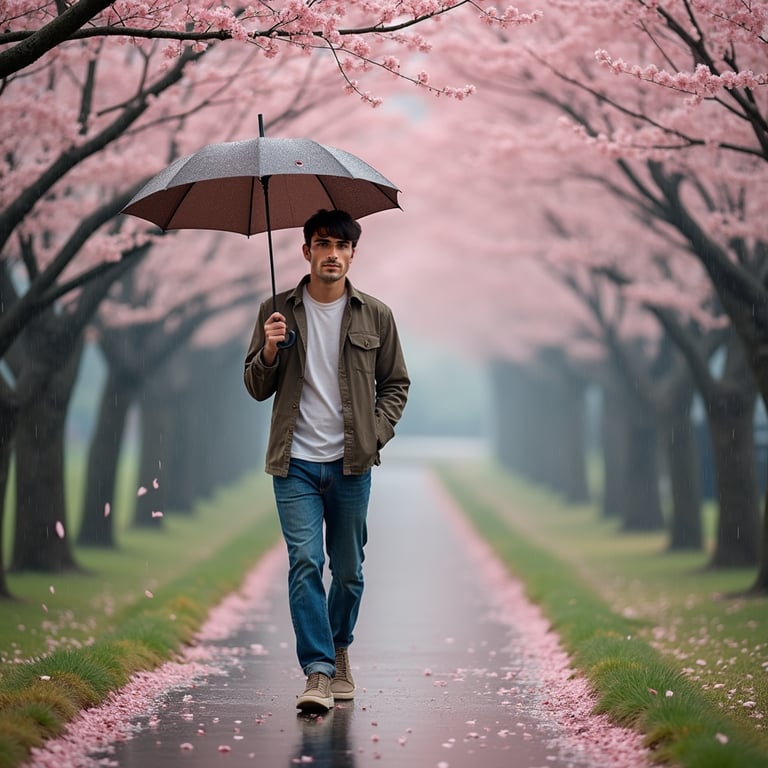A man with an umbrella walks along a quiet park path lined with cherry blossoms 
