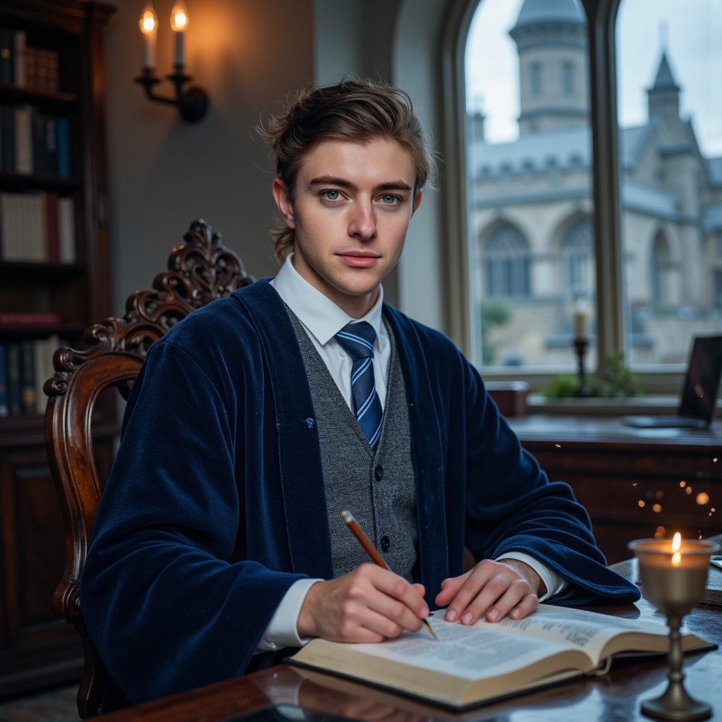 Ultra-detailed HDR seated portrait of a 17-year-old male Hogwarts student with light olive skin, clean-shaven face, and sharp cheekbones. Sleek dark hair pulled back into a short ponytail, neat sideburns framing ears. Wearing a deep-navy wool robe with silver-blue trim, crisp white cotton shirt, and perfectly knotted blue-striped tie. Pose: seated upright at a carved oak desk, left hand resting on an open leather-bound book, right hand poised with a quill mid-note, gaze fixed attentively toward an unseen professor. Camera: Leica SL2, 50mm f/2 prime, aperture f/2, camera placed at eye level directly across desk for intimate framing. Lighting: cool moonlight (5600K) streaming through tall arched window behind camera, supplemented by warm candlelight (3000K) from desk lamp casting golden glow on book and hands. Background: blurred Ravenclaw Tower stone wall with faint shadow of an arched bookshelf, minimal clutter for academic focus.