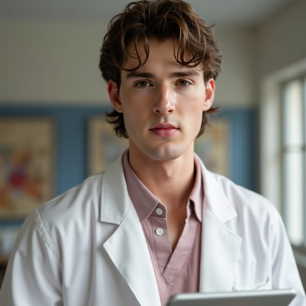 Highly detailed, highly realistic, HDR, 8k pediatric specialist in bright ward; camera: 85mm, f/2; lighting: daylight + soft fill; pose: holding tablet, gentle micro-smile; attire: white coat over pastel blouse; hair: shoulder-length waves, tucked; facial detail: natural skin texture with fine peach fuzz catching sidelight, softened laugh lines, pink undertone to cheeks, moist inner eye reflection, clearly defined eyelashes; background: blurred murals.