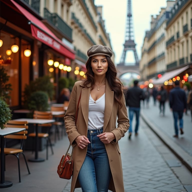 woman in a stylish outfit, wearing a beret and holding a Chanel-inspired handbag