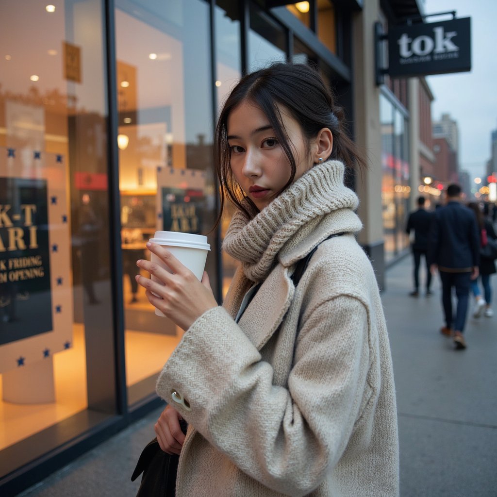 A woman (female) waist-up outdoors at dawn, standing near a sleek glass storefront with “Black Friday 6 AM Opening” posters faintly visible in soft focus. Hairstyle: messy low bun with loose tendrils, touched by early morning dew; makeup: light, natural glow, faint pink lips. Attire: cream wool coat with visible herringbone texture, thick knit scarf, and coffee cup in hand. Pose: calm expression, eyes slightly downward at cup, gentle exhale visible in cold air; no motion. Camera: 85mm, f/1.4, tight waist-up composition. Lighting: soft ambient dawn blue fill, golden rim from streetlamp behind; faint condensation visible on glass. Background: blurred store façade with subtle reflection of other people waiting; minimal clutter. Fabric detail: scarf yarn fibers, wool weave, condensation on coat shoulders. Highly detailed, highly realistic, HDR, high resolution.