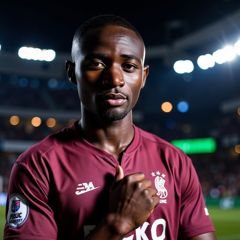 Knee-up portrait of a digital footballer gripping their jersey at the chest, intense stare into camera, dramatic stadium lighting, EA SPORTS FC 26 game cover style