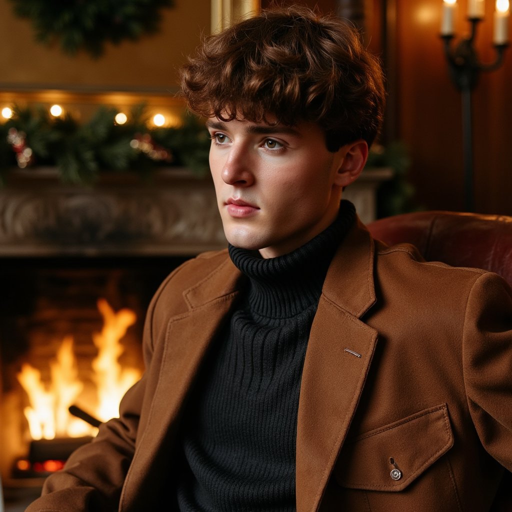 Man sitting near a crackling fireplace, profile angle at 45°, gaze slightly off-camera, thoughtful. Hairstyle: tousled medium-length waves with light texture, light stubble. Attire: charcoal wool turtleneck under a brown suede jacket. Fabric details: visible suede nap, tight rib knit texture on turtleneck. Camera: slightly low angle, 50mm lens, f/2.0. Lighting: warm directional key from fire + soft fill from opposite side, highlights reflecting in eyes. Background: blurred stone hearth, brass fire tools, hanging evergreen wreath. Pose: one arm resting on chair arm, subtle lean forward. Render: highly detailed, highly realistic, HDR; warm golden tones, natural imperfections retained.