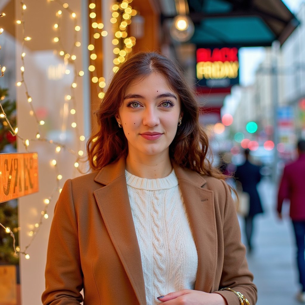 A cheerful woman (female) waist-up, softly illuminated by gold string lights around a shopping district window. Hairstyle: loose wavy hair with soft bounce; makeup: dewy finish, warm bronze shimmer on eyelids, glossy nude lips. Attire: cream cable-knit sweater under a tan wool overcoat; small diamond stud earrings. Pose: slightly turned toward camera, one hand clutching a metallic gold shopping bag, subtle smile; still. Camera: 85mm, f/1.8, gentle angle from below shoulder height. Lighting: warm fairy lights as key fill, ambient daylight fading behind, glowing rim along hair edges. Background: blurred holiday décor and SALE signage with light bokeh; minimal clutter. Fabric detail: knit pattern texture, wool fuzz, metallic bag reflection. Highly detailed, highly realistic, HDR, high resolution.