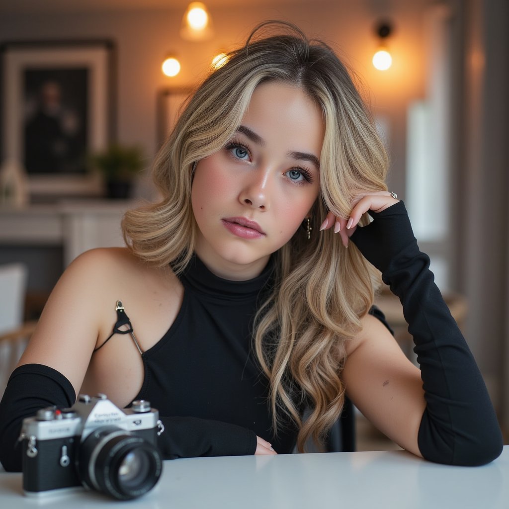Bold close-up of a female photographer adjusting her lens, eyes focused, monochrome outfit, dramatic lighting setup, honoring World Photography Day creators