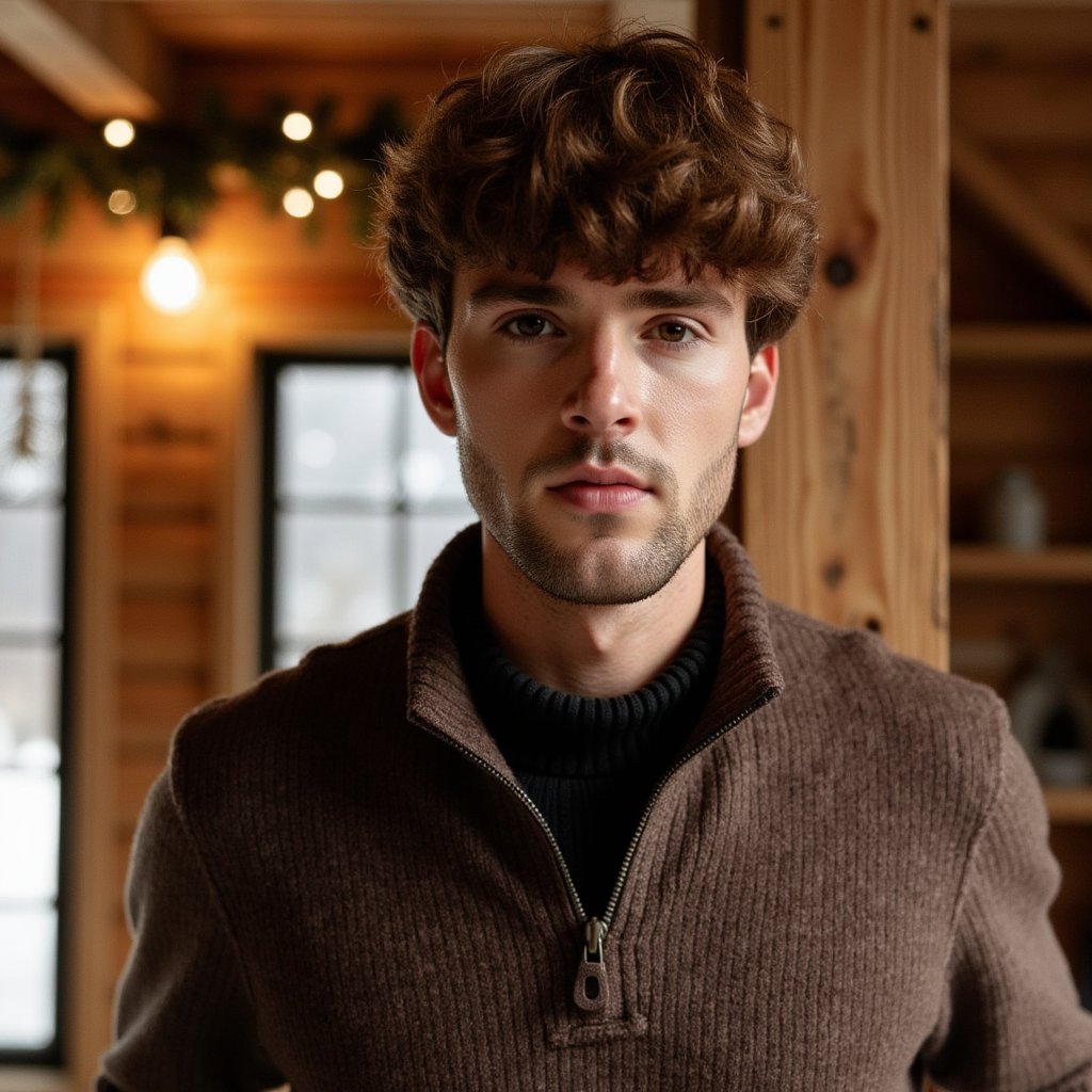Waist-up portrait of a man inside a wooden cabin decked with subtle Christmas décor. He leans lightly against a wooden beam, hands relaxed at his sides, calm stillness. He wears a dark brown lambswool quarter-zip sweater with visible fiber fuzz, zipper glinting softly.
Hair: messy textured waves; short beard.
Lighting: warm cabin lantern light from camera-left, with a cooler outdoor window glow from behind for contrast.
Background: blurred cabin shelves with pine garland and a couple of minimal ornaments; clean, uncluttered, warm tones.
Camera: 70mm f/2, slight upward angle to add cabin grandeur; highly detailed, highly realistic, HDR showcasing wool texture and wood grain.