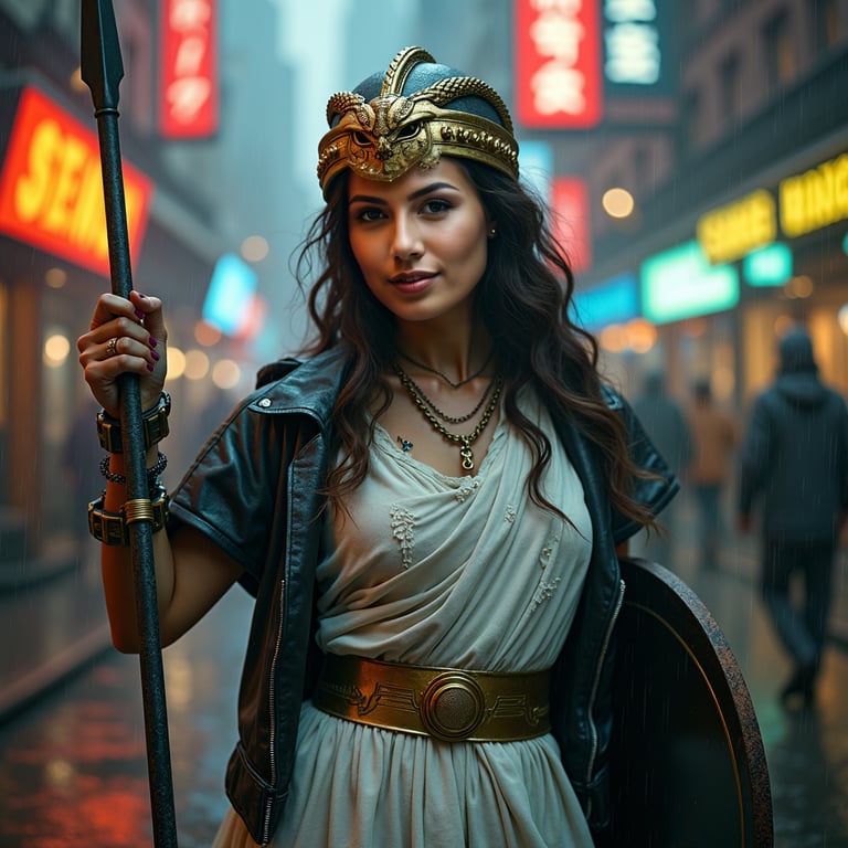 woman embodying the goddess Athena, wearing a flowing white toga and a golden he