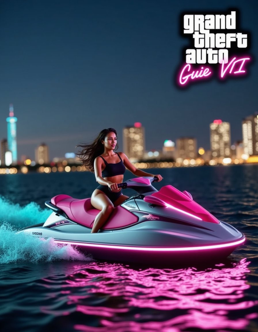 A neon-lit GTA VI logo glows brightly in the darkness, its sleek, modern font and bold lettering radiating an edgy, vibrant ambiance. The logo's neon pink and electric blue hues pulse softly, casting a subtle glow on a dark, urban background that fades into a blurred cityscape at dusk. The overall composition is a close-up shot, emphasizing the logo's sharp details and neon illumination.