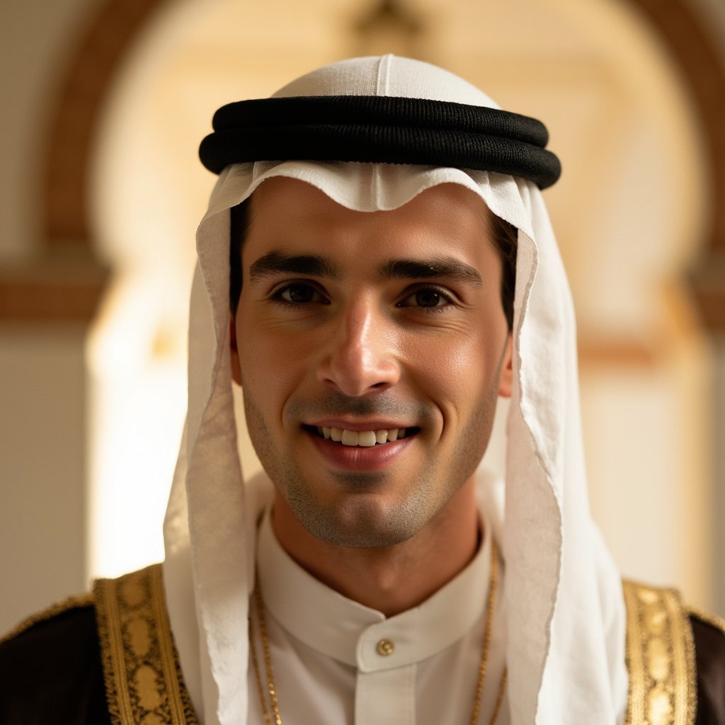 Portrait of a serene man in traditional thobe and kufi, soft warm lighting, gentle smile, peaceful expression — celebrating Mawlid with dignity