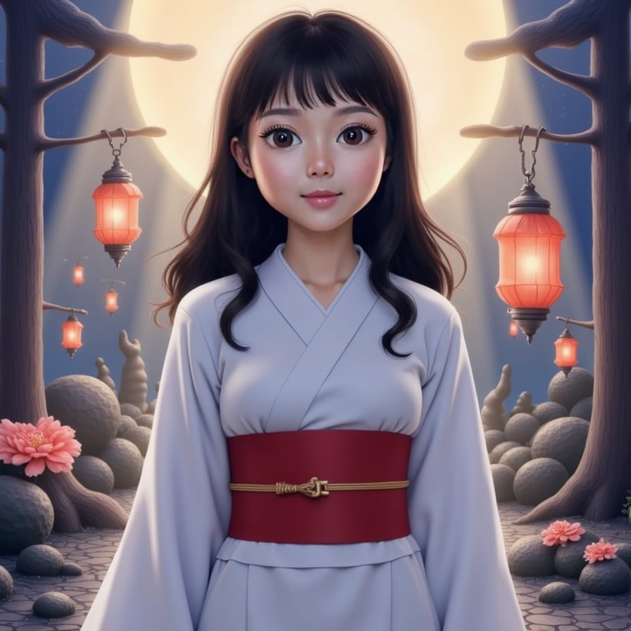 girl in a white kimono with a red sash, standing in front of a spirit world background with fantastical creatures and lanterns, inspired by Hayao Miyazaki's Spirited Away.