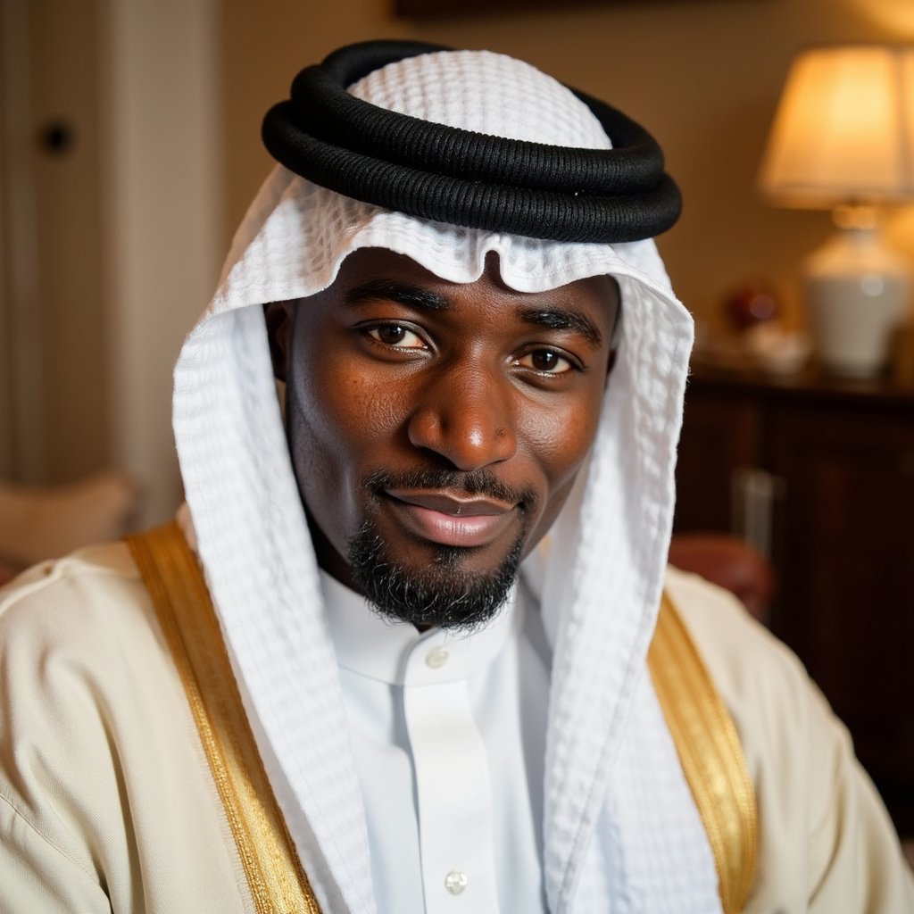 Portrait of a serene man in traditional thobe and kufi, soft warm lighting, gentle smile, peaceful expression — celebrating Mawlid with dignity