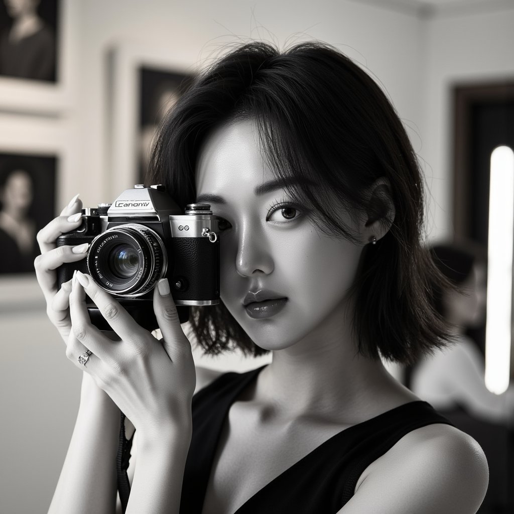 Classic black and white headshot of a focused photographer peering through the viewfinder, timeless expression, elegant lighting, World Photography Day concept