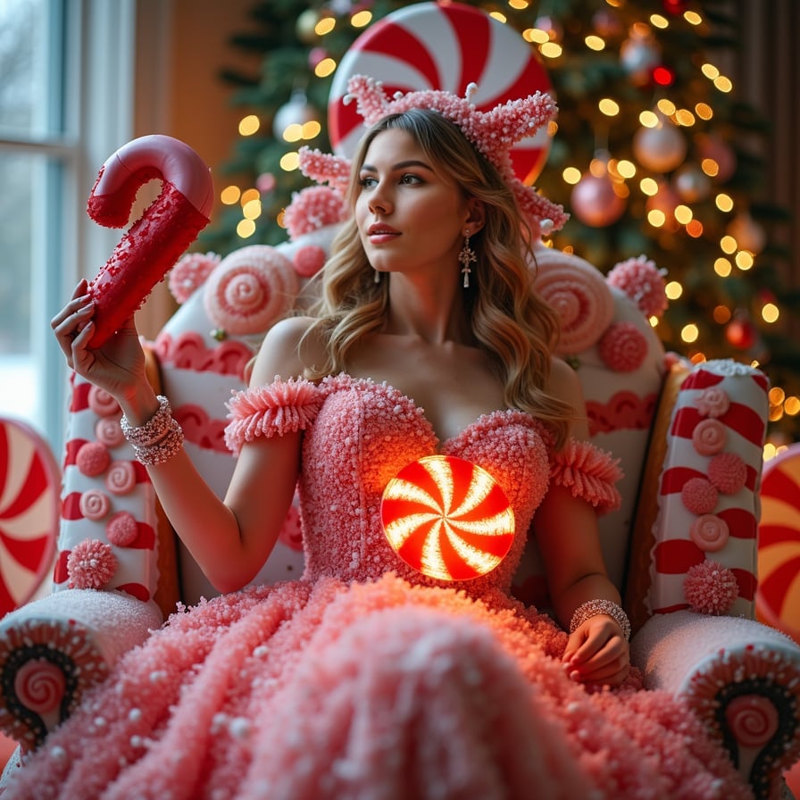 A whimsical woman wearing a stunning dress made of candy – peppermint swirls, gumdrops, and spun sugar. She sits on a throne of giant lollipops and gingerbread, holding a glowing gift card shaped like a candy cane. Around her, a fantastical Candyland kingdom sparkles with oversized Christmas treats, and the gift card glows with sweetness and joy