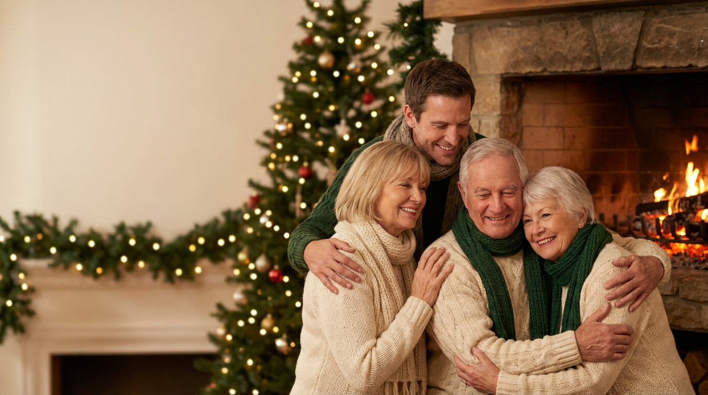 Cozy fireside Christmas portrait card for family and friends