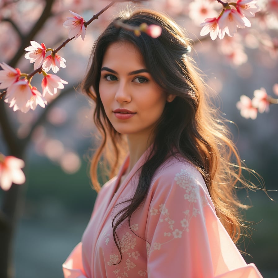 A young woman in a flowing pink kimono stands beneath a canopy of cherry blossoms, her long hair swaying in the gentle breeze. Soft sunlight filters through the petals, casting a dreamy glow on her face.