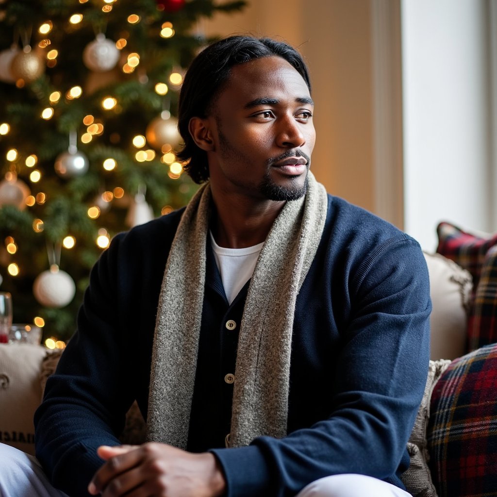 Waist-up side-profile portrait of a man seated on an armchair near a tastefully decorated Christmas tree; he looks slightly past camera, posture relaxed, hands resting together. Wardrobe: navy merino cardigan with horn buttons over a white tee; textured tweed scarf draped loosely (visible herringbone). Hair: medium length, brushed back; neatly trimmed beard. Lighting: practical fairy-light key from the tree plus a soft window fill, creating warm highlights and cool shadows; faint kicker on the scarf edge. Background: tree ornaments in buttery bokeh (gold, glass, a few tartan touches), otherwise minimal clutter. Camera: 70–200mm at ~135mm, f/2.5, slightly lower-than-eye-level angle to feel stately; highly realistic, highly detailed, HDR; knit and tweed weave sharply rendered; composed, still mood.