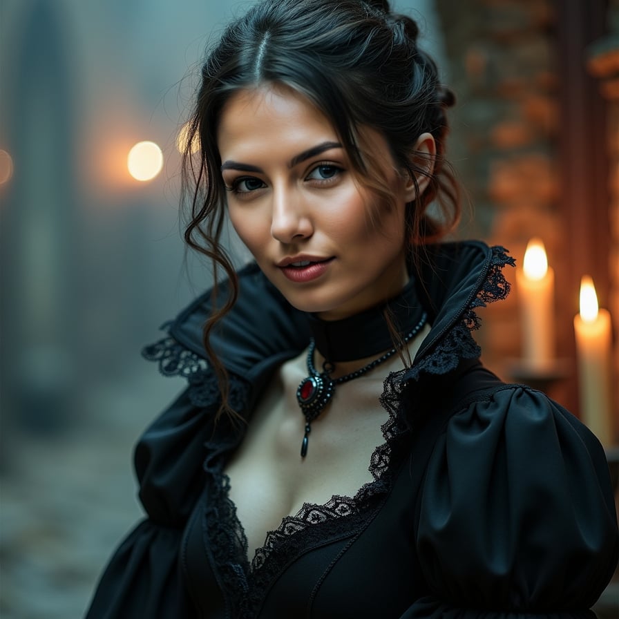 girl in a dark, Victorian-inspired vampire costume, complete with a long, flowing black dress, lace trim, and a brooch at her neck, with pale skin, bold eyebrows, and dark, mysterious eyes, surrounded by dim, eerie candlelight and a hint of mist, with a subtle smile and an air of mystique.