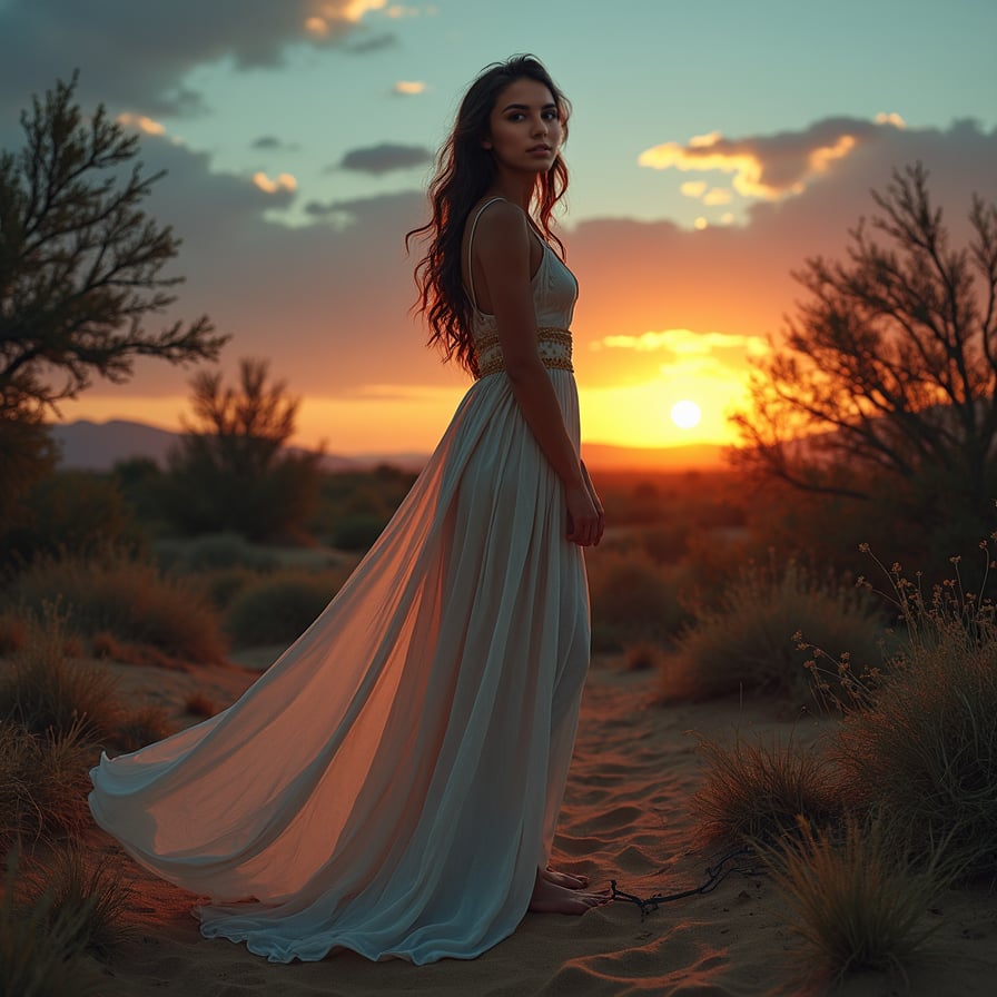 woman in elegant, flowing desert-inspired attire, facing the camera, standing alone in the vast desert landscape against a breathtaking, colorful twilight sky with sand dunes casting soft shadows, under the emerging stars, exuding a sense of solitude and quiet strength.