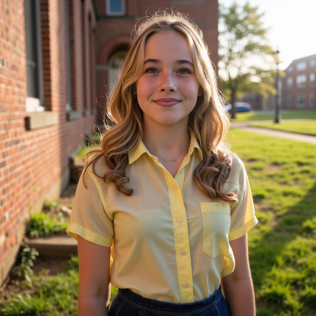 Candid yearbook-style image of a 1960s teen girl outside during golden hour. Subject in focus wears a pastel yellow button-down blouse made of lightweight cotton, the fabric wrinkled slightly at the elbows and catching soft sunlight through the sleeve. A-line skirt with subtle pleats in navy wool blend, lightly textured with visible seam lines. Her brunette hair is pinned into a half-up, half-down style, curled at the ends and loosely framing her freckled cheeks. Laugh lines around her mouth and squinted eyes are visible, adding lifelike expression. A strand of hair escapes and glows in the light. Skin shows realistic shadow from the nose, with sun-kissed highlights across the forehead and tip of the nose. Background is out-of-focus grass and brick school building, rendered with creamy bokeh. Shot with a 50mm lens at f/2.2, natural lens flare on the left edge, balanced composition.