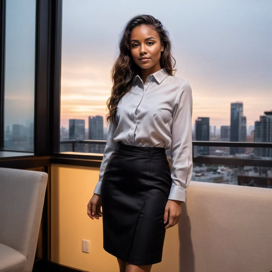 girl in a tailored suit, posing confidently, city skyscrapers in the background, sunset glow, luxurious atmosphere