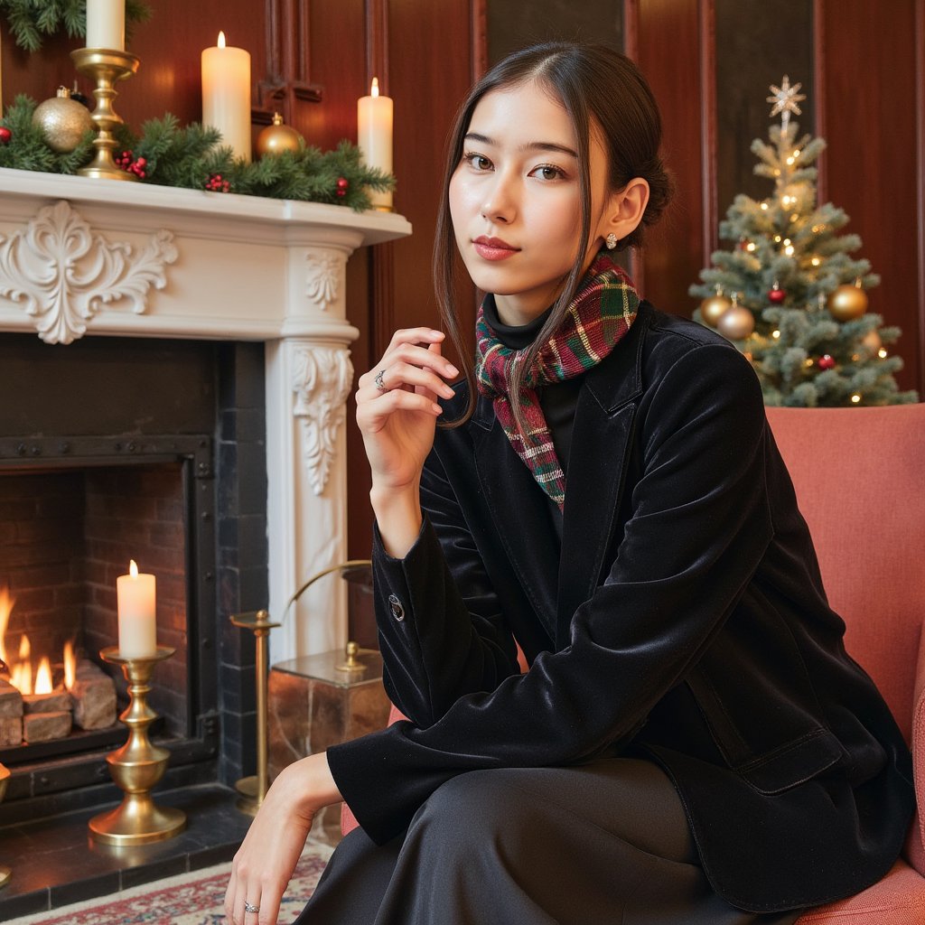 A poised woman seated ¾ to camera, head slightly tilted, soft smile. Hairstyle: sleek low chignon with a few face-framing strands. Attire: jewel-tone velvet blazer with peak lapels over a fine-gauge cashmere turtleneck; subtle tartan scarf tucked at the neck; small pearl studs. Fabric details: visible velvet pile, crisp wool twill in the scarf. Camera: eye-level, 85mm portrait, f/1.8 for creamy bokeh. Lighting: warm key from fireplace + gentle fill; candle bokeh highlights; slight rim from a hidden practical lamp. Background: mahogany-paneled library, brass candlesticks, crystal ornaments, evergreen garland—tastefully blurred, minimal clutter. Pose: relaxed shoulders, hands out of frame. Color mood: rich jewel tones, warm brass. Render: highly detailed, highly realistic, HDR; skin texture natural; minimal retouching.