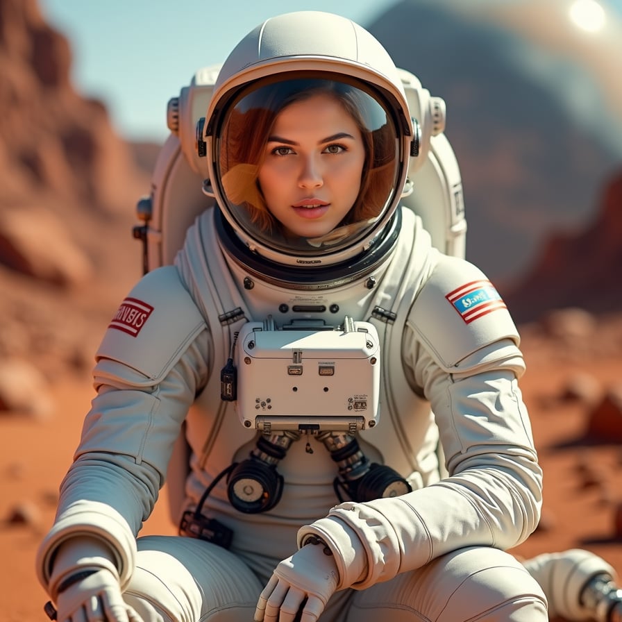 woman wearing a sleek white spacesuit, Mars landscape background with red planet terrain and dust storms, constructing a futuristic habitat module, with tools and components scattered around her, confident pose with a sense of determination and pioneering spirit.