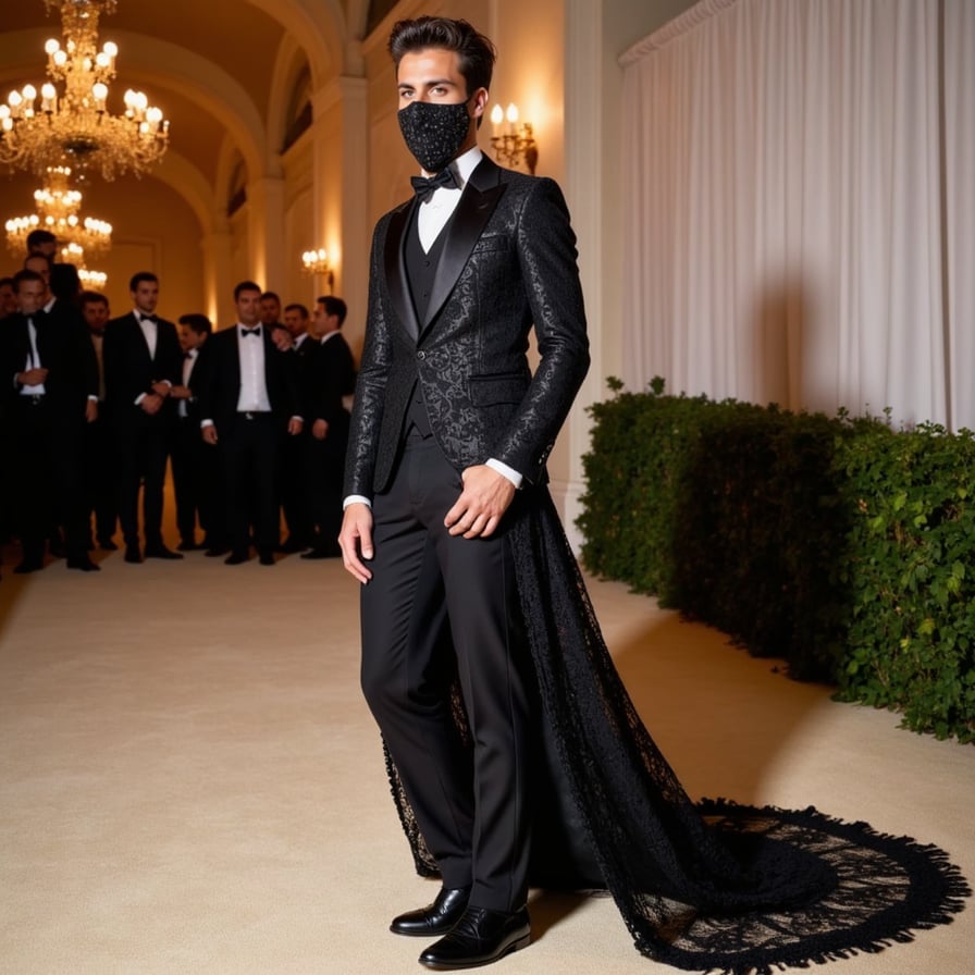 A dark romantic look for a man at the Met Gala: black lace blazer, cascading train, silver nail rings, and a gothic rose mask under flashing cameras