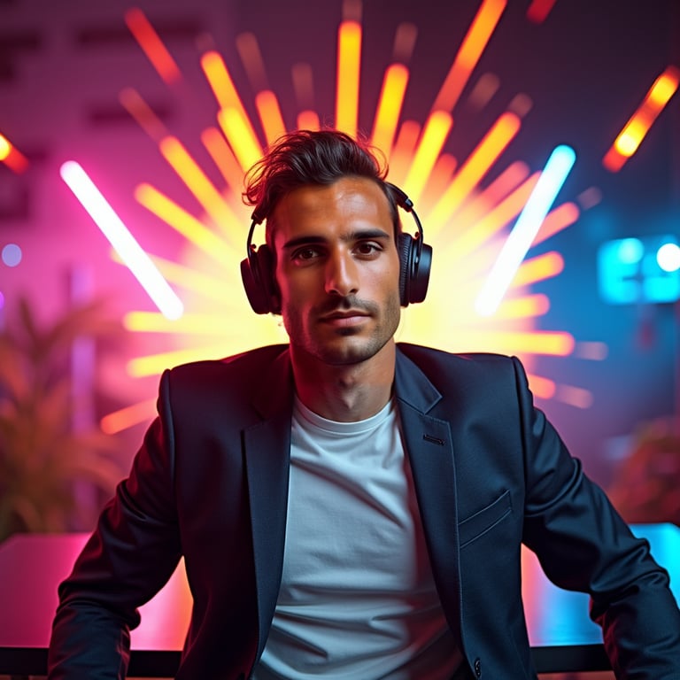 Generate a high-energy headshot of a man styled as an entertainer or gamer. He i