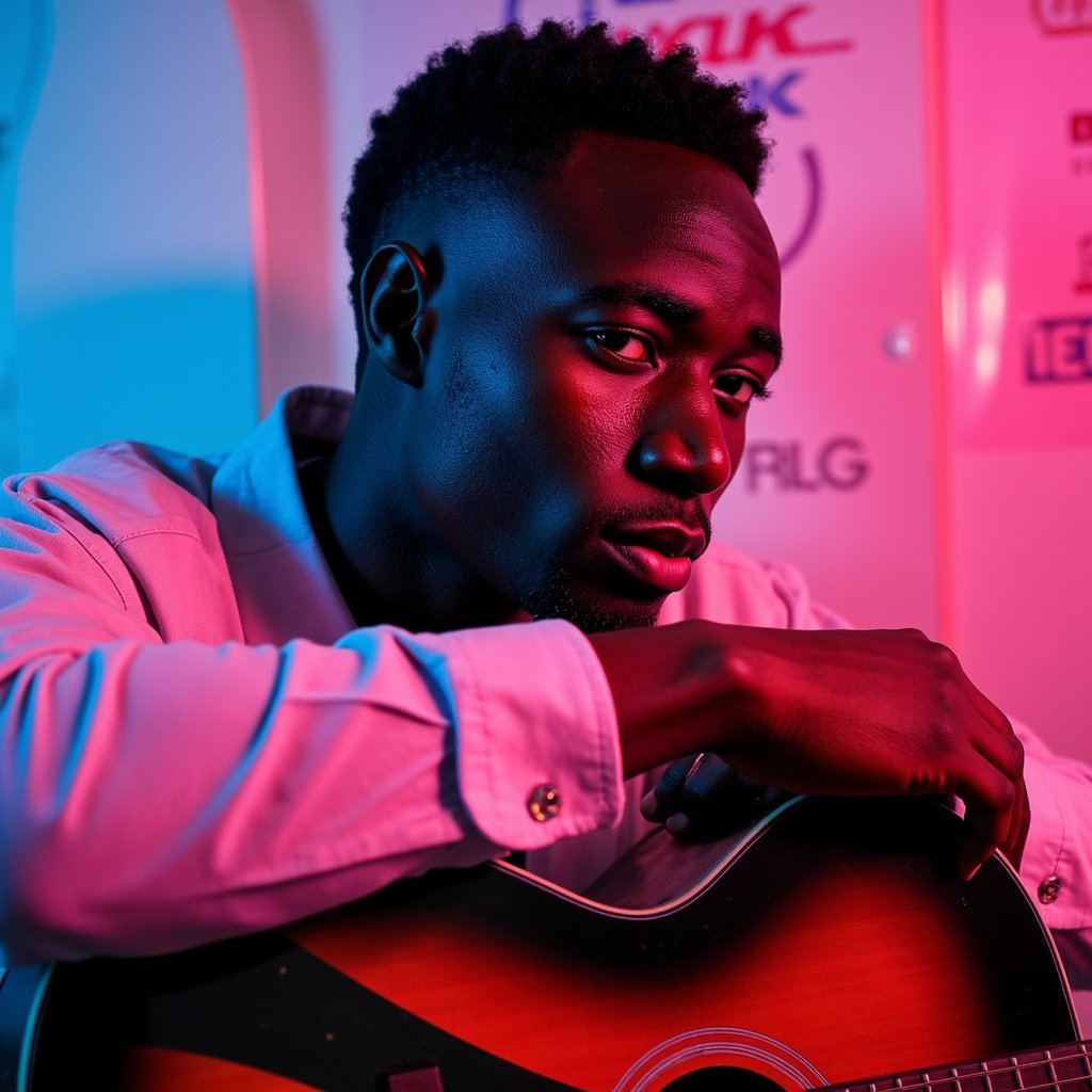 Side-profile headshot of a thoughtful musician with a guitar resting on shoulder, soft overhead spotlight, introspective vibe like a quiet rehearsal before going on stage