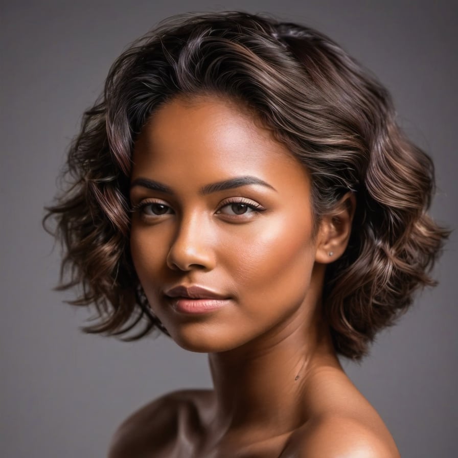 Woman in evening gown, dramatic lighting, sunset cityscape backdrop.