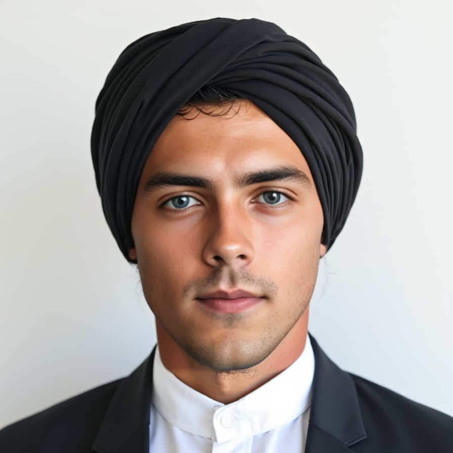 A passport-size photo of a person wearing religious attire, such as a hijab, turban, or skullcap. The background is plain white, and the attire does not cover the face. The lighting is even, with no shadows, and the individual maintains a neutral expression