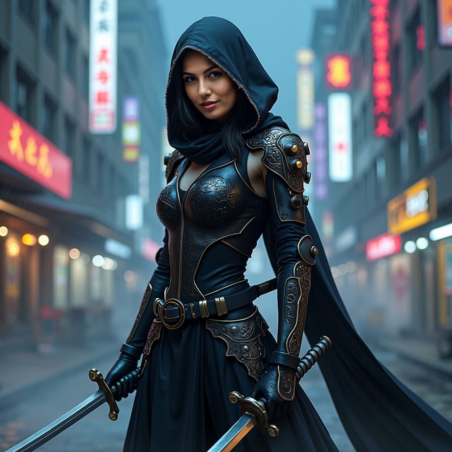 woman in unique ninja style, wearing a futuristic black and silver armor, adorned with intricate, Japanese-inspired designs, holding a pair of razor-sharp katanas, standing in a misty, neon-lit cityscape at night