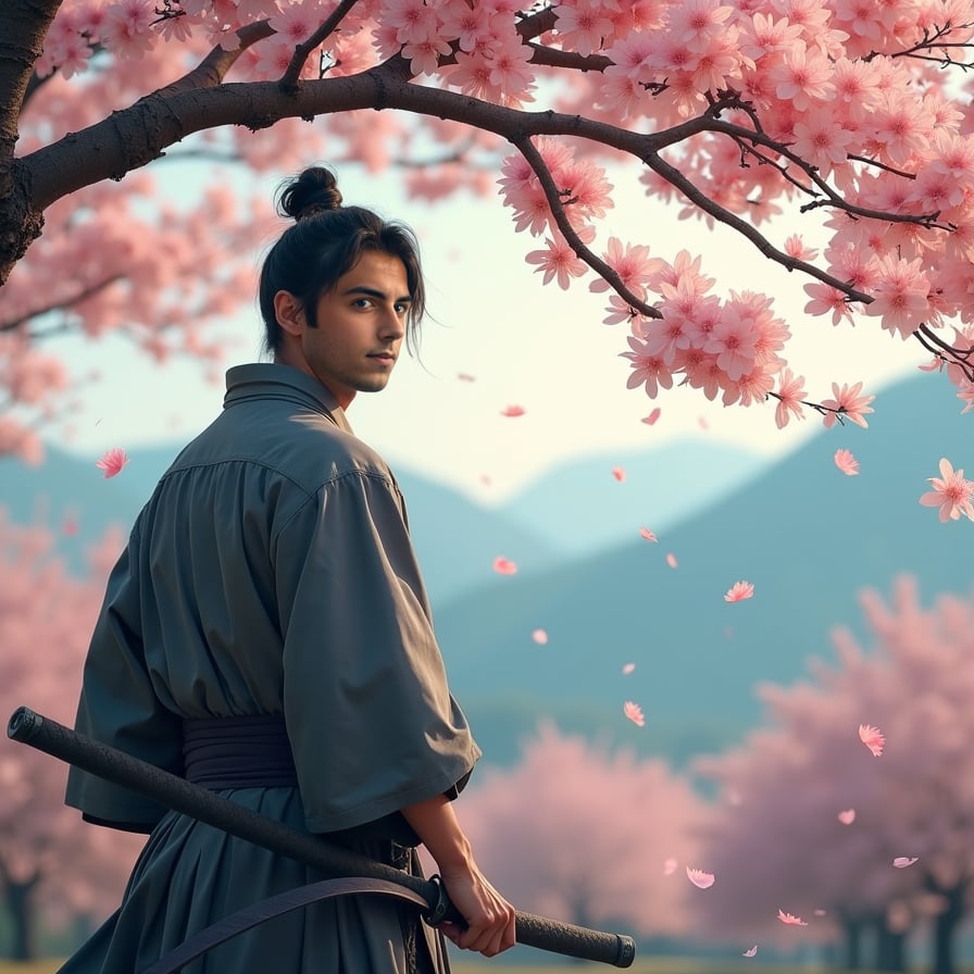 A lone samurai stands beneath a blooming sakura tree, his katana sheathed at his side. The wind carries pink petals through the air, blending with the distant mountains in the background. His expression is calm yet determined