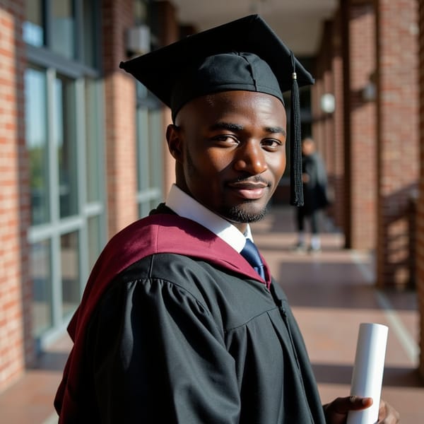 Waist-up composition of a man graduate walking slowly down a university hallway, looking back over his shoulder slightly; expression calm, reflective; wearing black gown, burgundy hood, tie visible under open gown front; camera at hip height behind him, focus on his face turned backward; 35 mm lens, f/2.8; lighting: backlit hallway with cool ambient tones and warm window streaks across the floor; background softly blurred for cinematic depth; visible creases in gown, edge highlights on shoulders, accurate shadow fall; tonal contrast refined, highly detailed, highly realistic, HDR aesthetic.