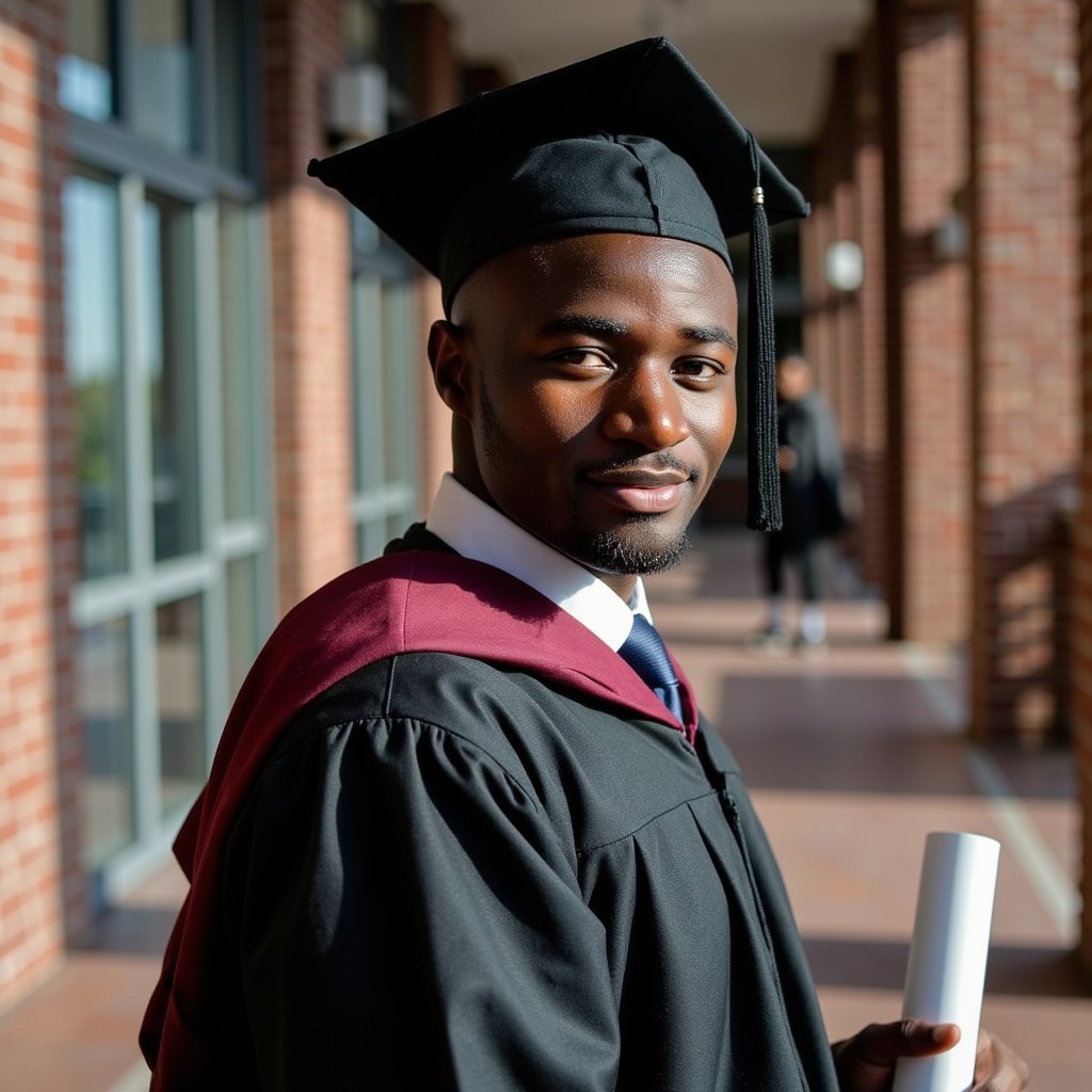 Waist-up composition of a man graduate walking slowly down a university hallway, looking back over his shoulder slightly; expression calm, reflective; wearing black gown, burgundy hood, tie visible under open gown front; camera at hip height behind him, focus on his face turned backward; 35 mm lens, f/2.8; lighting: backlit hallway with cool ambient tones and warm window streaks across the floor; background softly blurred for cinematic depth; visible creases in gown, edge highlights on shoulders, accurate shadow fall; tonal contrast refined, highly detailed, highly realistic, HDR aesthetic.
