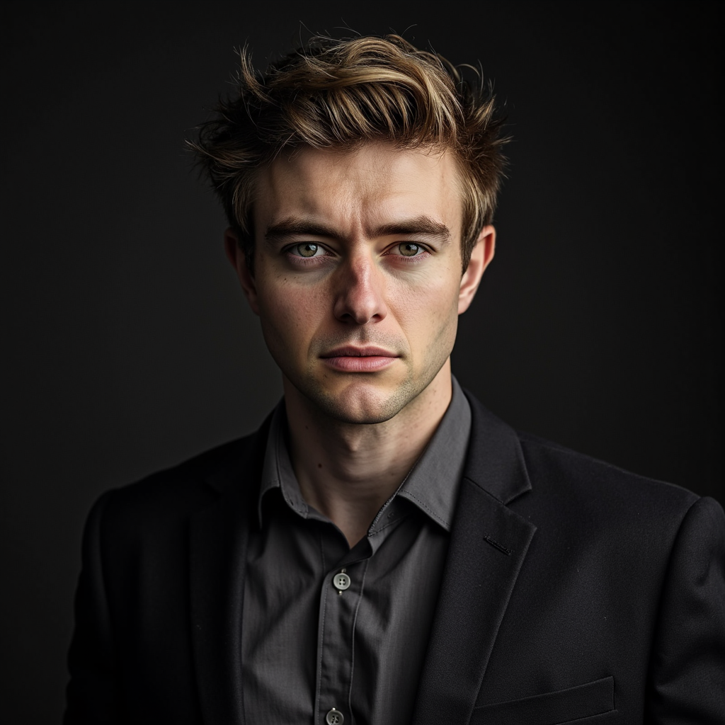 A male professional photographed in a controlled studio environment using dramat