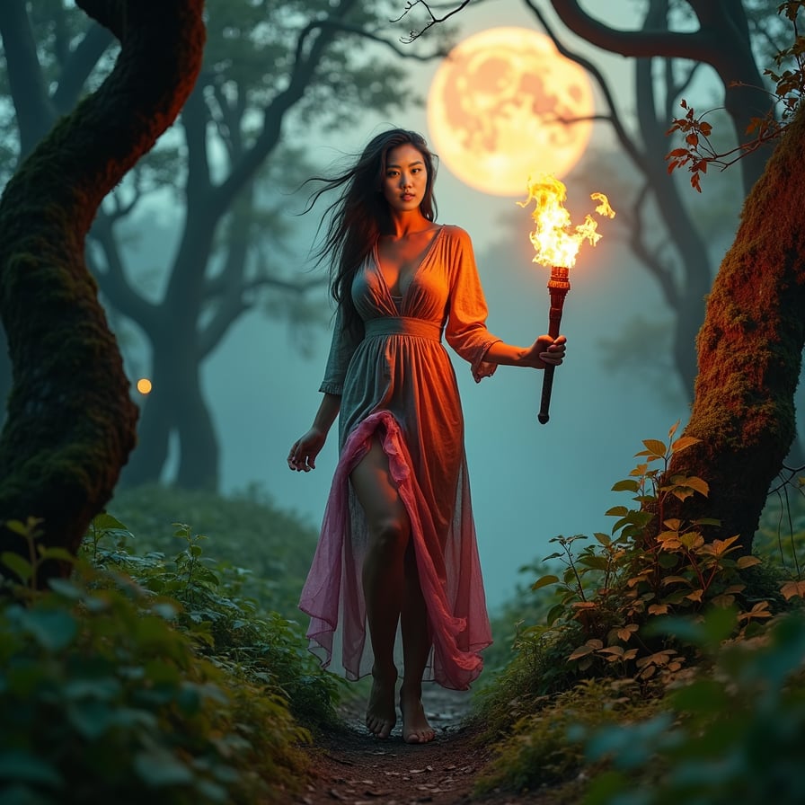 woman in eerie, mystical attire, holding a flaming torch, walking through a dark, misty forest with twisted tree branches and overgrown foliage, under the faint, eerie glow of a full moon