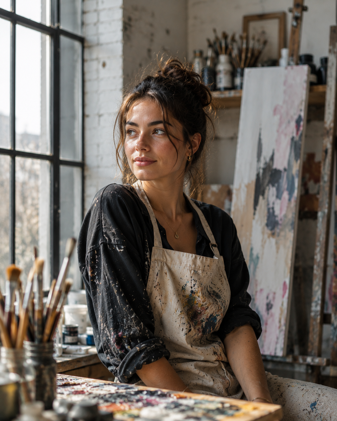 Woman near large apartment window, natural window light falling from the right, soft directional illumination with gradual shadow transition across face
